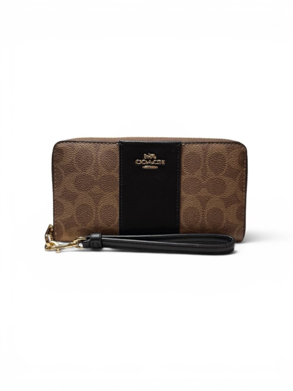 NWT Coach Long Zip Around Wallet CW947 In Signature Canvas With Stripe Tan/Black
